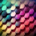 Closeup honeycomb grid texture with multi coloured neon light. Red and dark metal hexagon shaped pattern abstract background