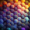 Closeup honeycomb grid texture with multi coloured neon light. Red and dark metal hexagon shaped pattern abstract background