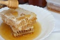 Closeup Honeycomb and honey dripping on white plate