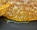 Closeup honeycomb, natural product and gold food for health, wellness and sweet nutrition at bee farm. Beeswax, honey