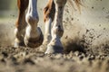 closeup of hooves thundering on the ground, with flying soil