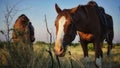 Closeup of horses grazing a field Royalty Free Stock Photo