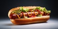 Ai, AI Generated Closeup Hot dog with grilled sausage in bun with sauces and lettuce isolated on dark background. HotDog