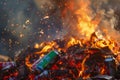 closeup of a household garbage pile ablaze with visible aerosol cans exploding