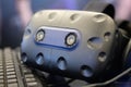 Closeup of a HTC Vive virtual reality headset on a computer keyboard Royalty Free Stock Photo