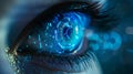 Closeup of a human eye with blue digital cyber electronic light Royalty Free Stock Photo