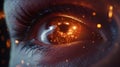A closeup of a human eye with a glowing iris surrounded by layers of digital security symbols, representing biometric data privacy Royalty Free Stock Photo