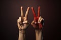 Closeup of human hands gesturing victory sign with fingers on dark background, Variation hands with a peace sign, AI Generated