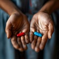 Closeup on human hands holding red and blue pill, tablet, health and medicine concept, choice, background Royalty Free Stock Photo