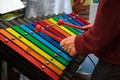 Closeup humans hands playing vibraphone. Favourite classical music. Music classes, learning how to play musical instrument Royalty Free Stock Photo