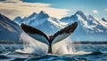 Closeup of a Humpback Whale Tail Splashing in Sea Water - Generative Ai