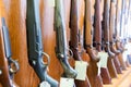 Closeup of hunting and sporting rifles on gun shop showcase Royalty Free Stock Photo