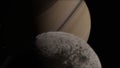 Closeup of Iapetus Moon with a Gigantic Perspective of Saturn Transit