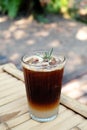 closeup iced americano on bamboo table