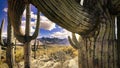 Closeup iconic Saguaro and distant Catalina Mountains on the horizon Royalty Free Stock Photo