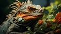 Closeup Iguana in a tree bunch