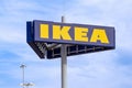 Closeup of IKEA Sign with blue sky in Norfolk, USA