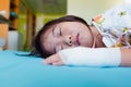 Illness asian child admitted in hospital with saline intravenous on hand Royalty Free Stock Photo