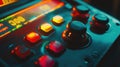 Closeup of illuminated control panel with joystick and buttons