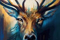 Closeup Illustration face portrait detailed art of a beautiful snowy deer with antlers piercing eyes Royalty Free Stock Photo