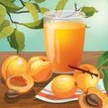 Closeup illustration of fresh apricot fruit and apricot juice