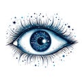 A closeup illustration of a human eye with a galaxylike iris surrounded by sparkling stars Royalty Free Stock Photo