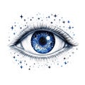 A closeup illustration of a human eye with a galaxylike iris surrounded by sparkling stars Royalty Free Stock Photo