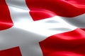 Closeup of illustration waving dannebrog denmark flag, with red background and white cross, national symbol of danish