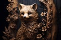 a closeup illustration of wooden carved figure of a marten with flowers on black background