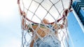 Closeup photo of active 3 years old toddler boy holding on basketball net ring. Concept of active and sporty children Royalty Free Stock Photo