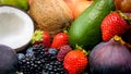 Closeup image of big assortment of fresh fruits and berries. Helthy nutrition and fruit diet