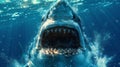 Closeup image of Big Shark Face, white shark in deep blue water background AI generated Royalty Free Stock Photo