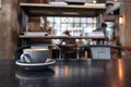 A blue cups of hot latte coffee on vintage wooden table in cafe Royalty Free Stock Photo