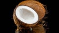 Closeup image of broken in halves coconut against black background. Abstract background of exotic tropical fruits and