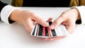 Closeup photo of businesswoman sorting her credit cards