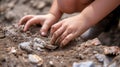 A closeup image of a childs hands carefully removing dirt from a delicate fossil highlighting the precision and