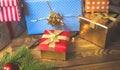 Closeup image of colorful Christmas gift boxes and present on wooden background Royalty Free Stock Photo