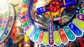 Closeup image of colroful illuminated round display in casino or lottery showing different prizes and chance to win