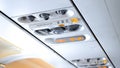 Closeup image of control panel with emergency signs and air conditioner system in modern airplane Royalty Free Stock Photo