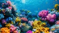 A closeup image of a coral reef showcasing its vibrant colors and diverse marine life. The caption explains that the