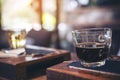 Closeup image of cups of hot coffee and tea on vintage wooden table in cafe Royalty Free Stock Photo