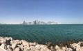 Closeup image of the Doha coastline overlooking the city skyline