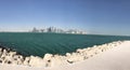 Closeup image of the Doha coastline overlooking the city skyline