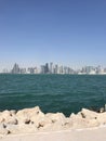 Closeup image of the Doha coastline overlooking the city skyline