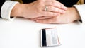 Closeup image of female hands and stack of credit cards Royalty Free Stock Photo