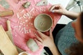 Closeup Image of Female Hands Works with Clay Makes Future Ceramic Plate, Classes of Hand Building in Modern Pottery Royalty Free Stock Photo
