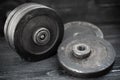 Closeup image of a fitness equipment dumbbell barbell. Sports, workout.