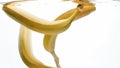 Closeup photo of fresh ripe yellow bananas falling and splashing in clear water against isolated white backgorund Royalty Free Stock Photo