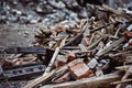 A closeup image of a garbage dump with ruined brick