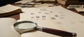 Closeup image of a genealogists workspace showcasing family trees and documents Royalty Free Stock Photo